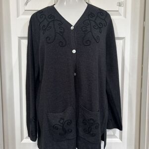 Bechamel Women's XL Gray V Neck Cardigan Sweater Scroll Pattern Pockets